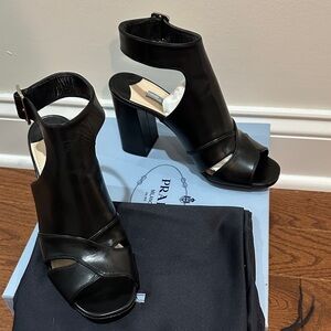 Prada Black Leather Heeled Sandal Bootie 37
